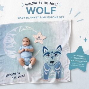 Native Northwest Wolf Baby Blanket Milestone Set Muslin Cotton Simone Diamond